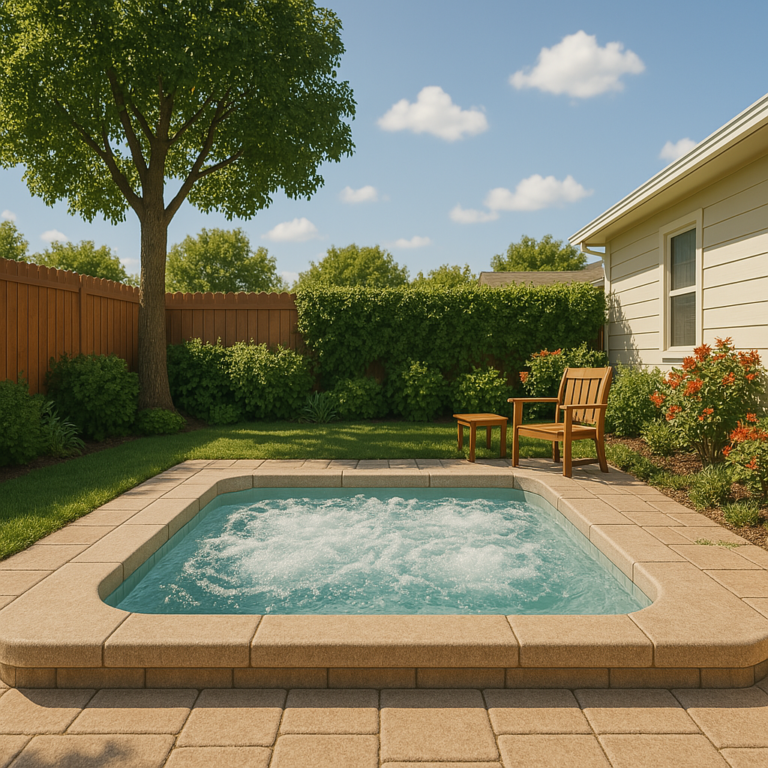 Suburban backyard with bubbling hot tub, lush greenery, and sunshine.