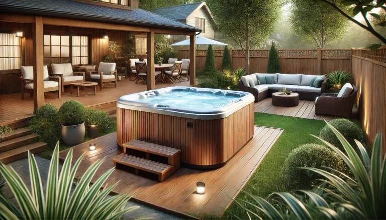 Cozy backyard with a hot tub, wooden decking, and lush greenery.