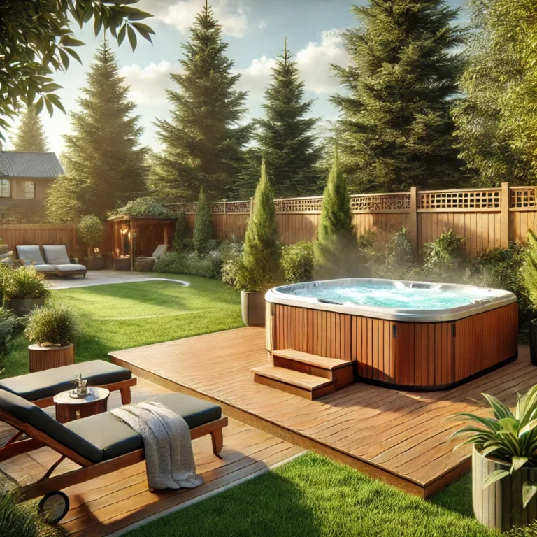 Hot tub on wooden deck surrounded by greenery and lounge chairs.