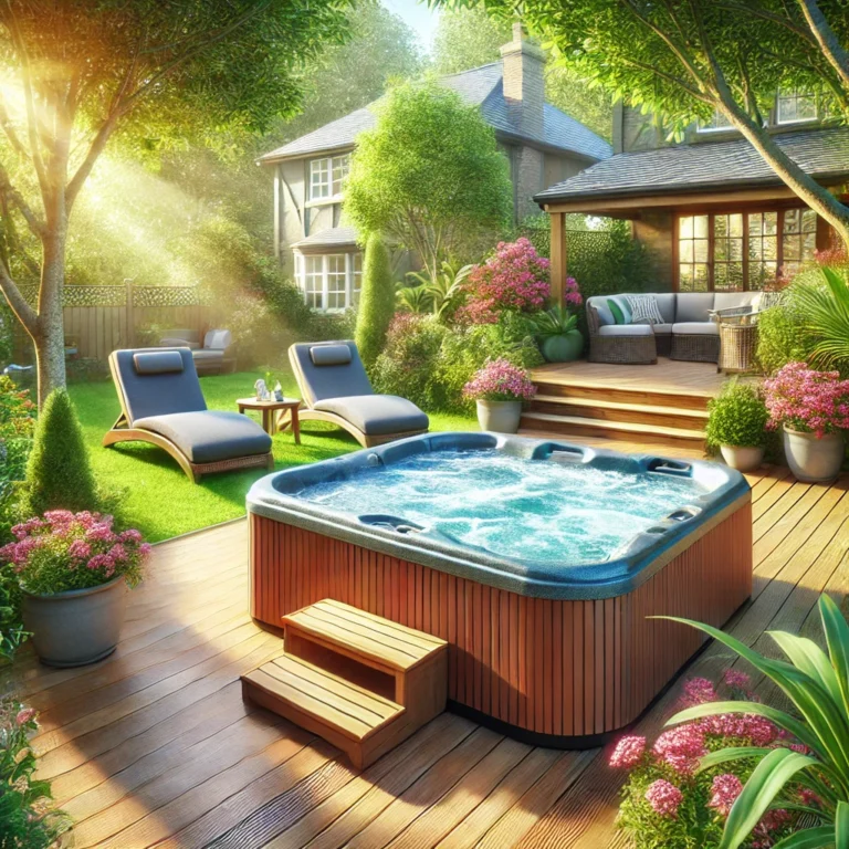 A serene hot tub surrounded by plants in a peaceful backyard.