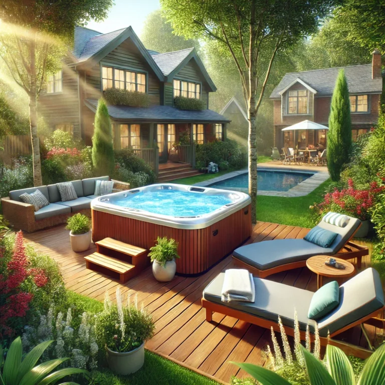 A tranquil hot tub surrounded by plants and relaxing chairs.