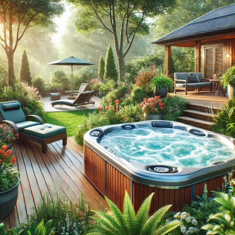 A tranquil hot tub surrounded by greenery and comfortable lounge chairs.