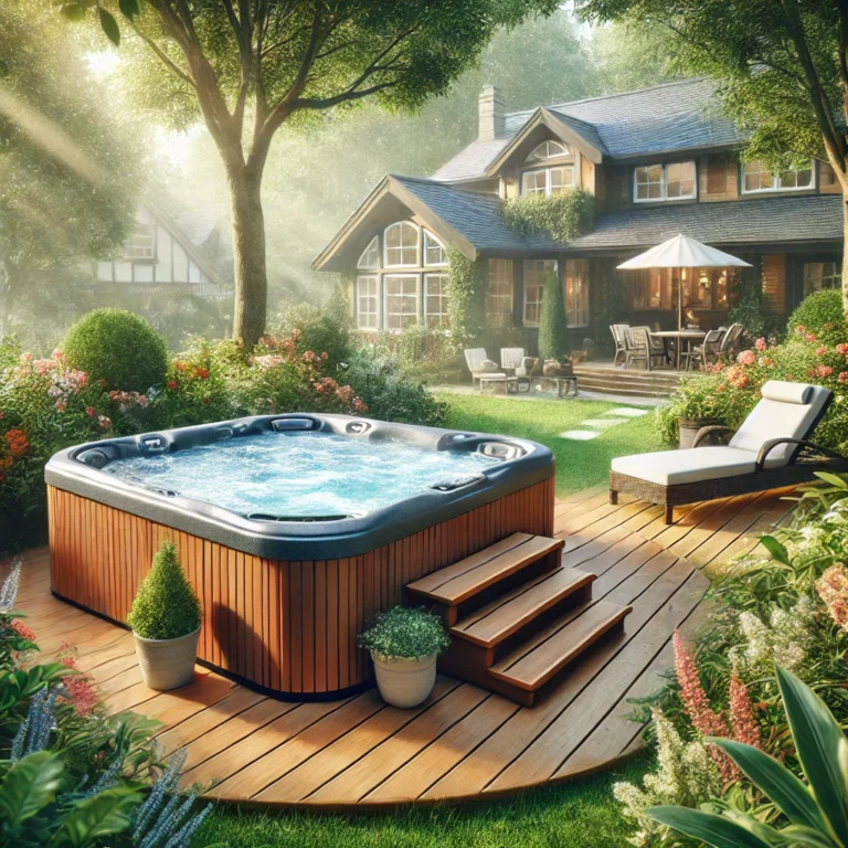 A peaceful hot tub surrounded by greenery and lounge chairs.