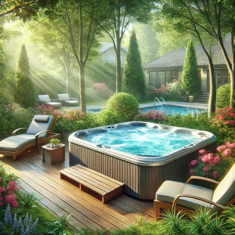 A relaxing hot tub surrounded by greenery and lounge chairs.