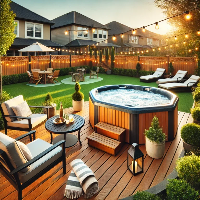 Luxurious hot tub in cozy suburban backyard with warm lighting.