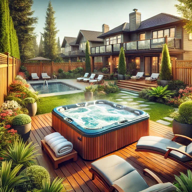 "Suburban backyard with steaming hot tub, lounge chairs, and flowers.