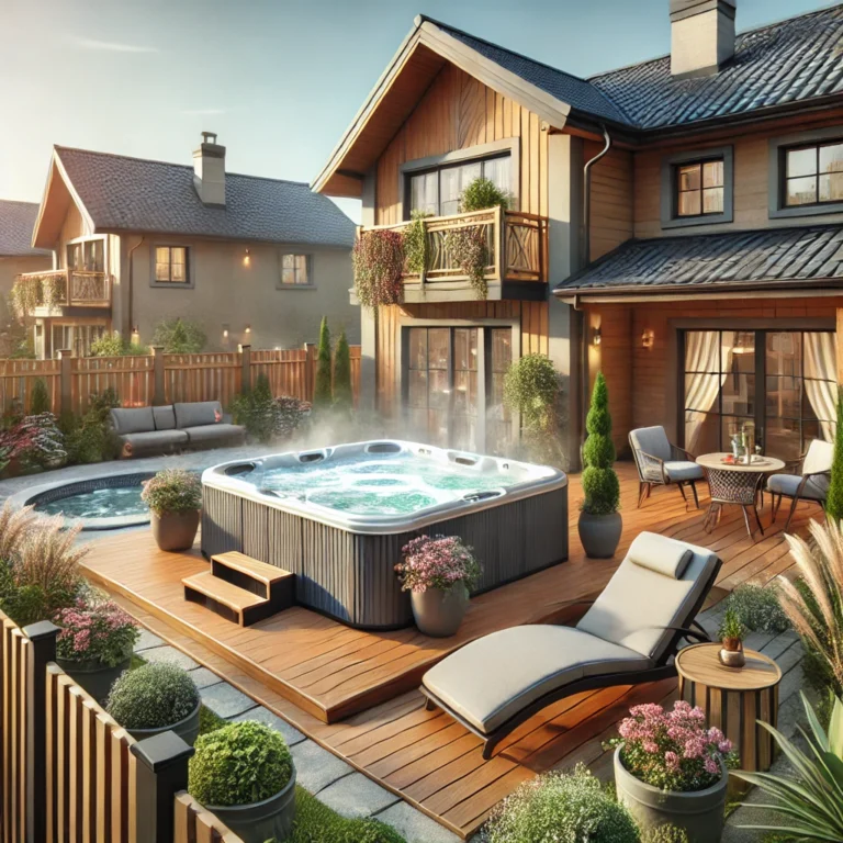 Suburban backyard with steaming hot tub, lounge chairs, and flowers.