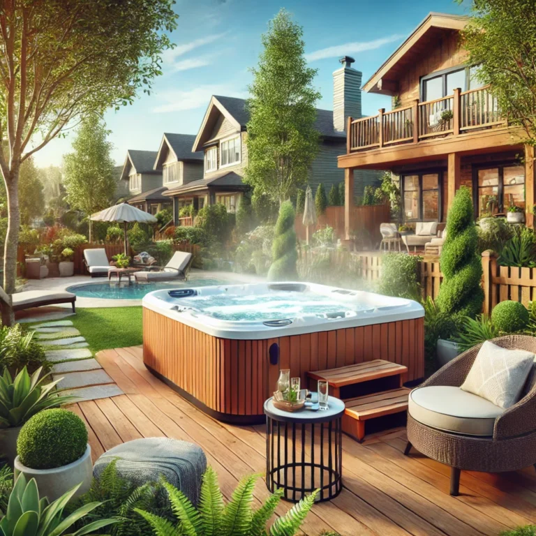 Tranquil suburban backyard with a hot tub, lounge chairs, greenery
