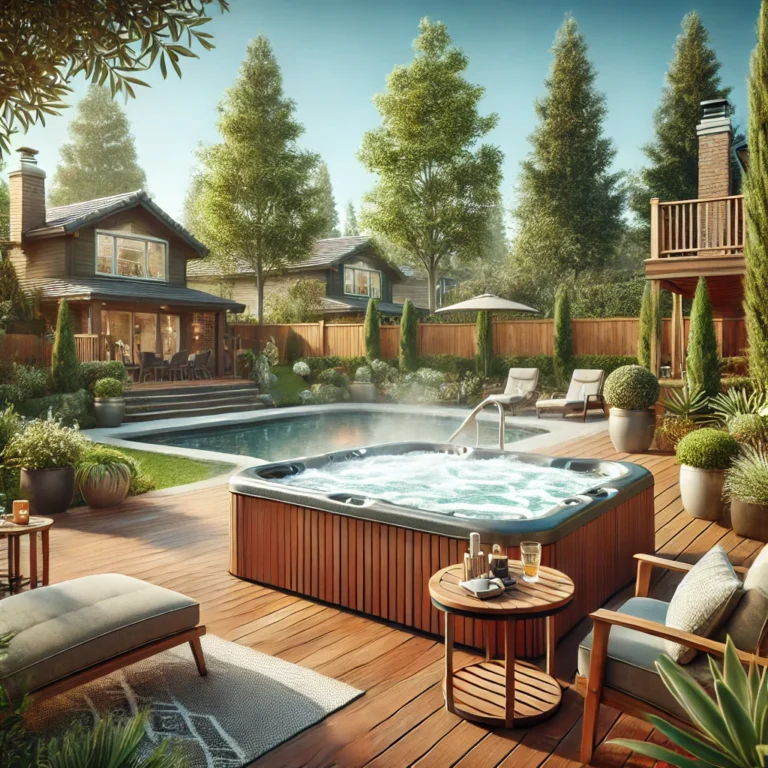Tranquil suburban backyard with a hot tub, lounge chairs, greenery