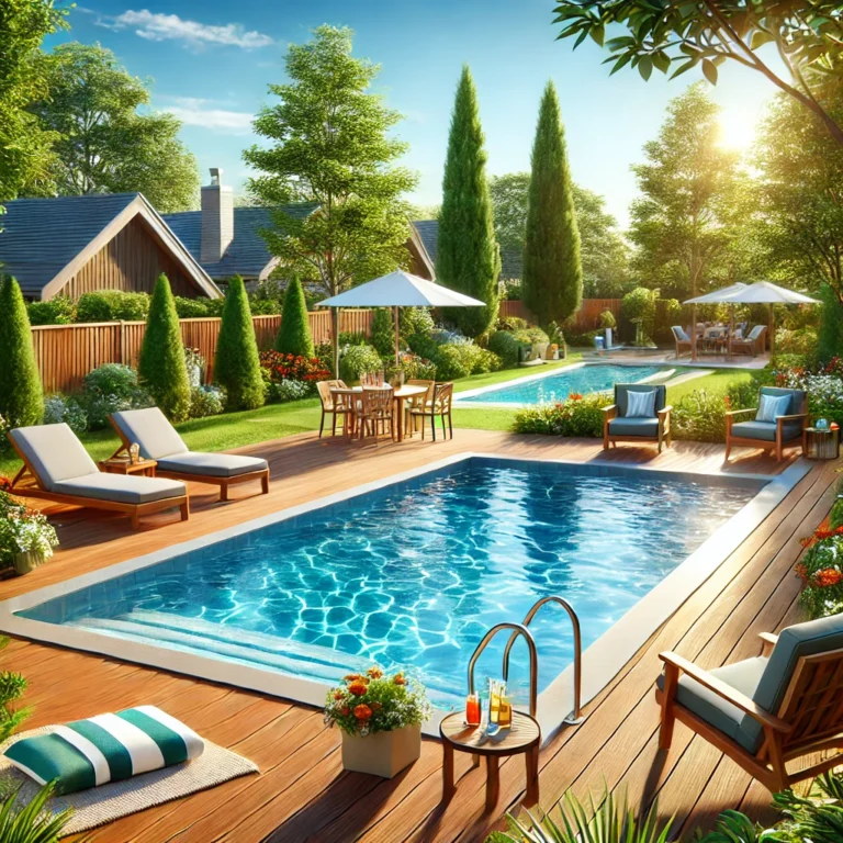 Peaceful suburban backyard with pristine swimming pool, lounge chairs, greenery.