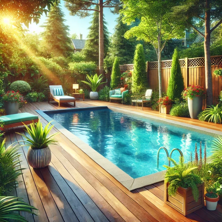 Sunny suburban backyard with a sparkling swimming pool and lounge chairs.