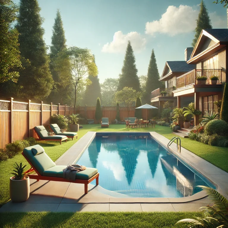 Serene suburban backyard with a sparkling swimming pool and trees.
