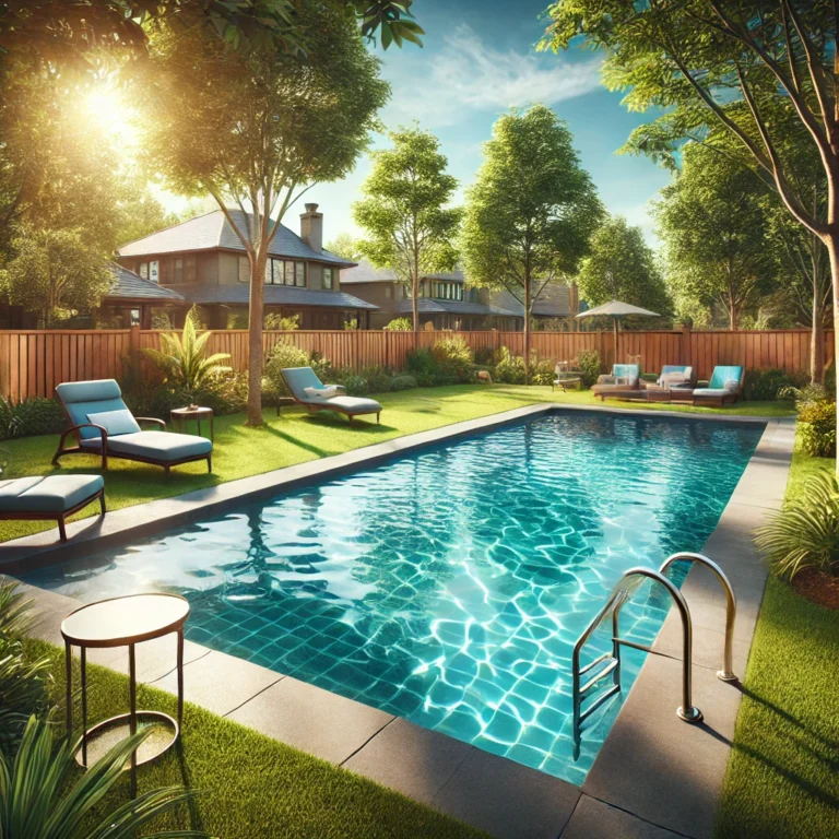 Tranquil suburban backyard with a sparkling swimming pool and lounge chairs.