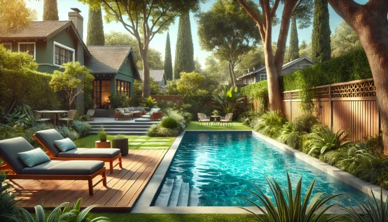 A serene suburban backyard with a clear swimming pool and greenery.