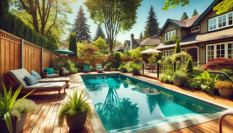 A serene suburban backyard with a clear swimming pool and greenery.