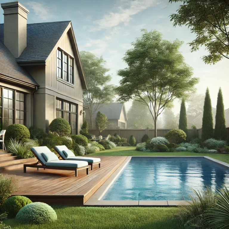 Tranquil suburban backyard with a swimming pool, deck, and greenery.