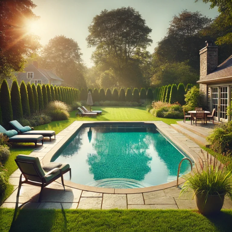 Sparkling swimming pool in a peaceful suburban backyard with greenery
