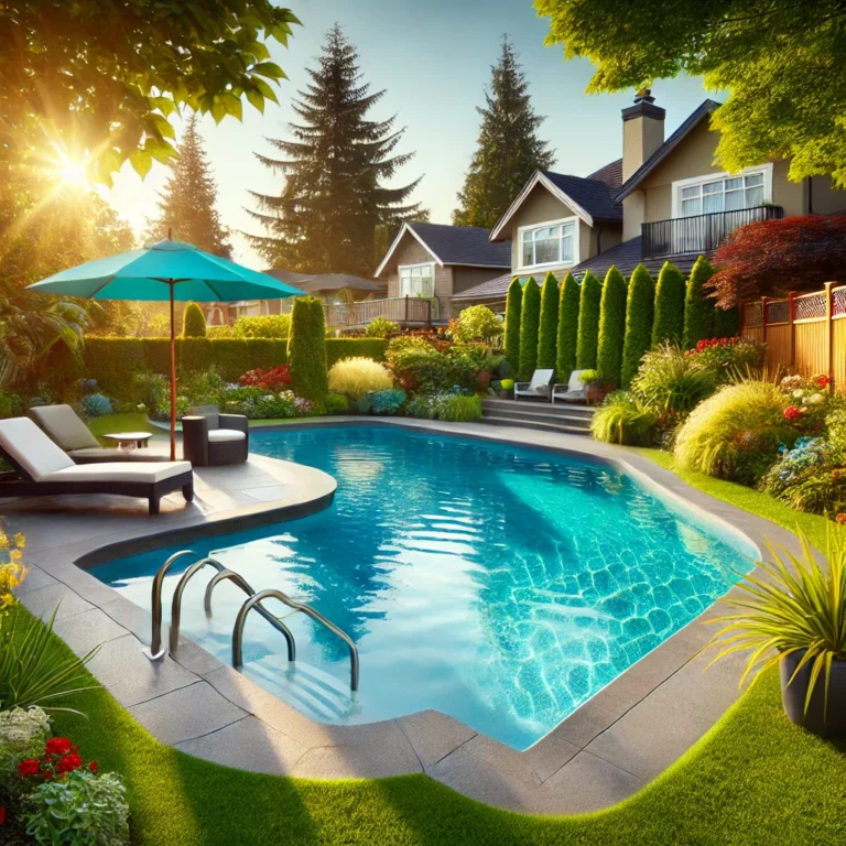 Tranquil suburban backyard with a clear swimming pool and greenery.