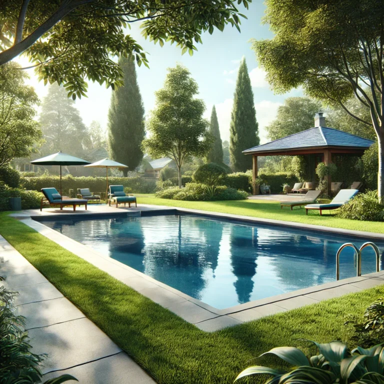 Swimming pool in a serene suburban backyard with lush greenery.