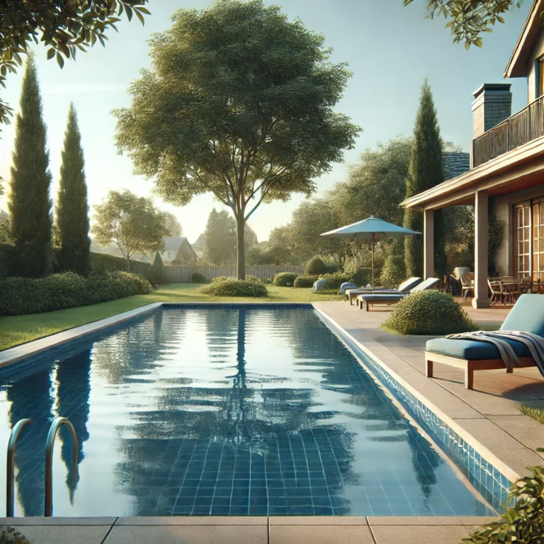 Swimming pool in a suburban backyard with a relaxing outdoor atmosphere.