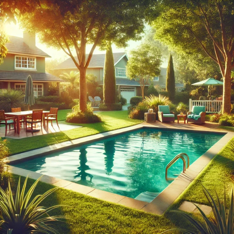 Suburban backyard with swimming pool, green grass, and patio furniture.
