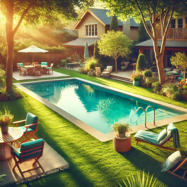 Suburban backyard with swimming pool, green grass, and patio furniture.