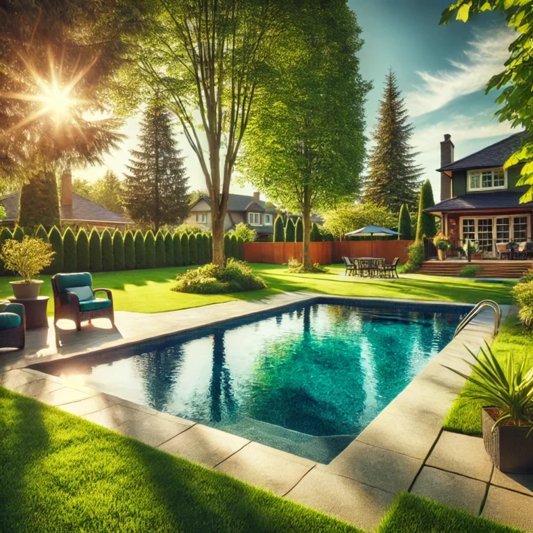 Suburban backyard with a sparkling swimming pool, grass, and furniture.