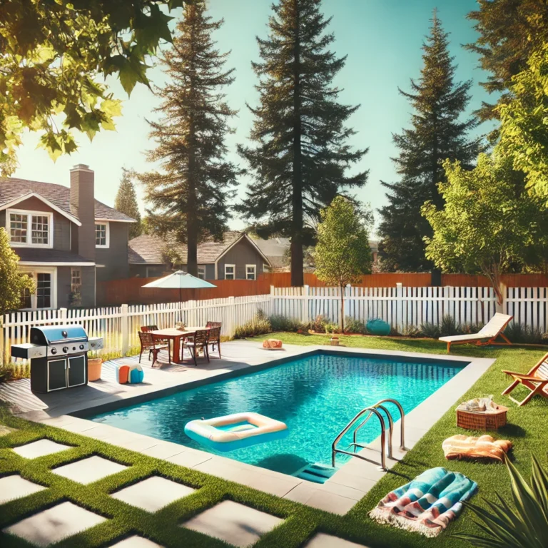 Backyard pool with float, patio furniture, and sunny weather.
