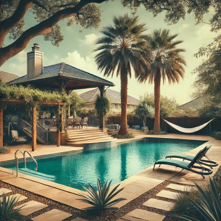 Spacious backyard pool with pergola, hammock, and sunny atmosphere.