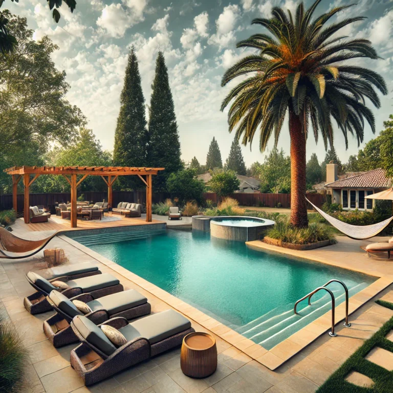 Spacious backyard pool with pergola, hammock, and sunny atmosphere.