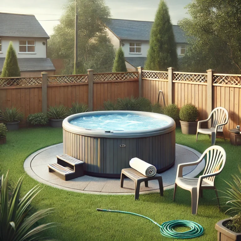 Backyard hot tub with chairs, fence, grass, and cloudy sky.
