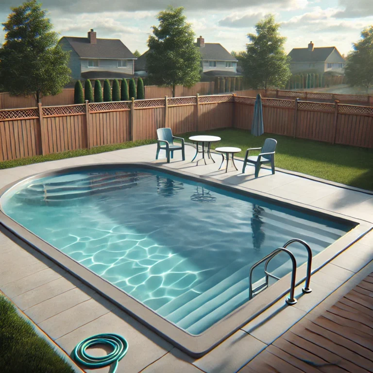 Suburban backyard pool with lawn chairs, fence, hose, and clouds.