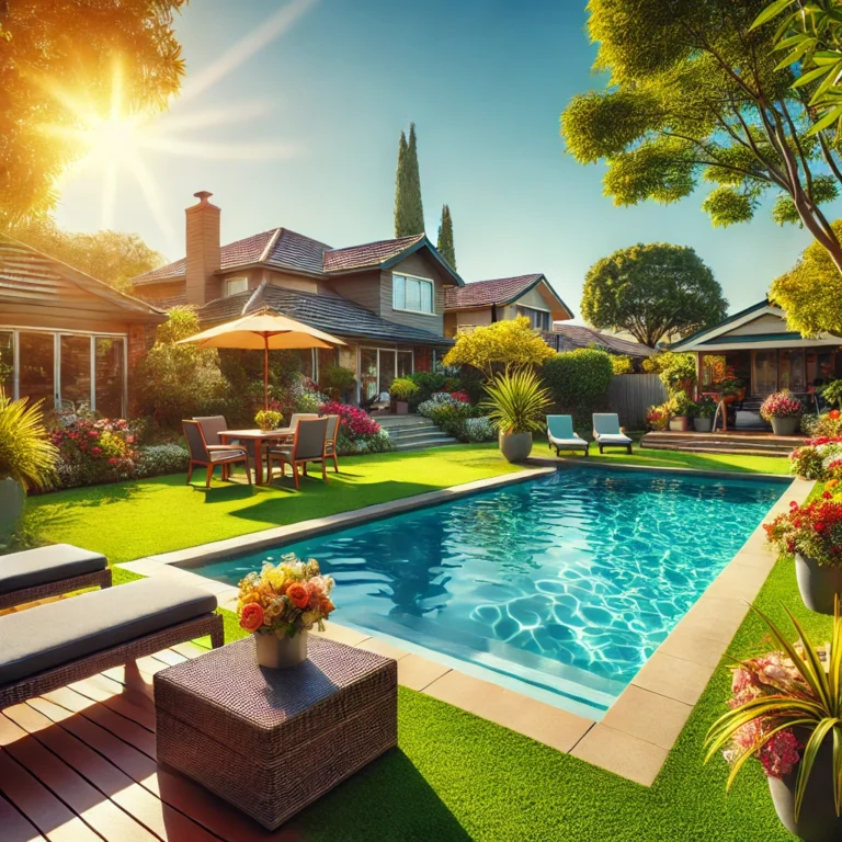 Suburban backyard with clear pool, flowers, grass, and lounge chairs.