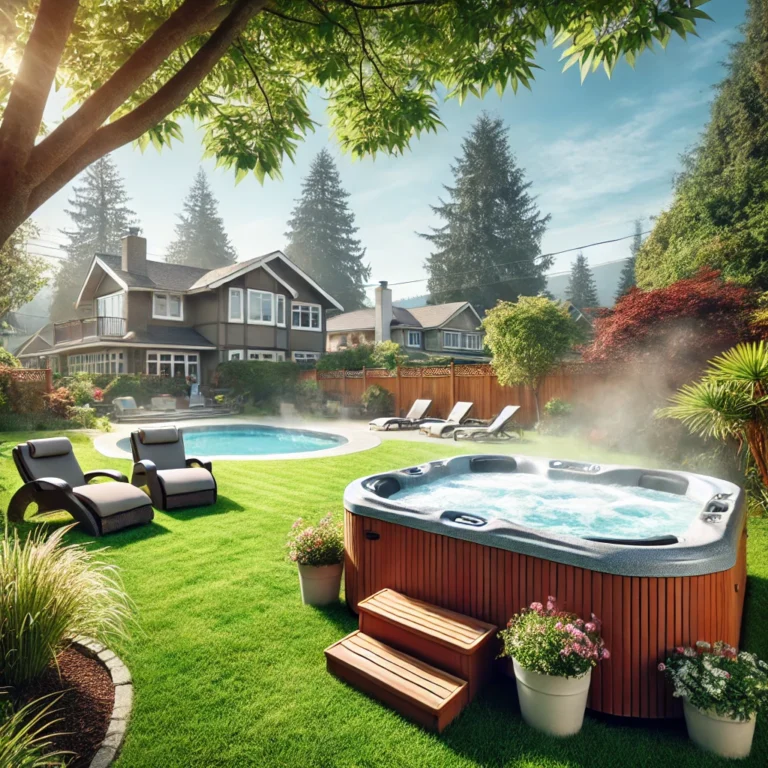 Hot tub surrounded by grass, flowers, chairs, and trees.