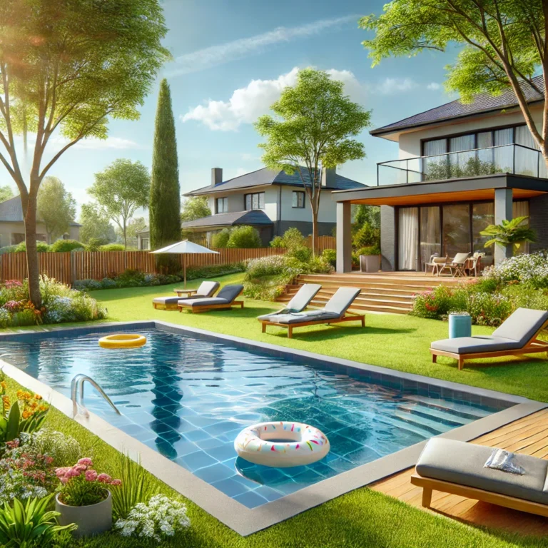 Swimming pool surrounded by grass, flowers, lounge chairs, and trees.