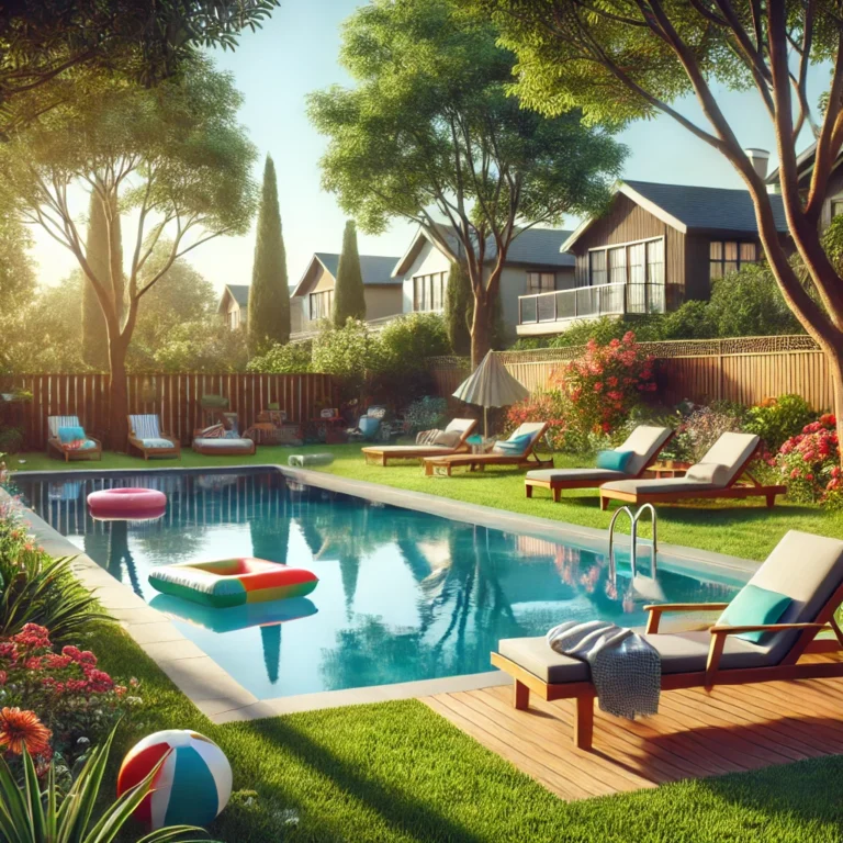Swimming pool surrounded by grass, flowers, lounge chairs, and trees