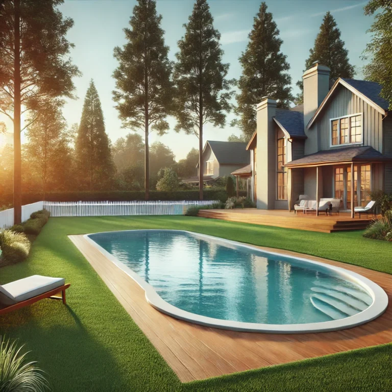 A clear swimming pool in a suburban backyard with lounge chairs.