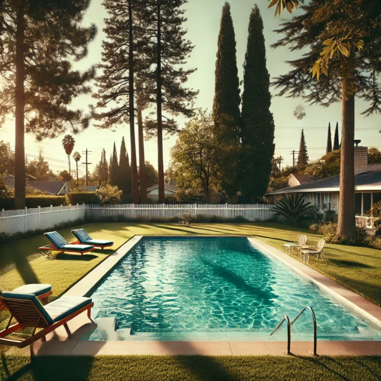 Sparkling swimming pool surrounded by green grass and lounge chairs.