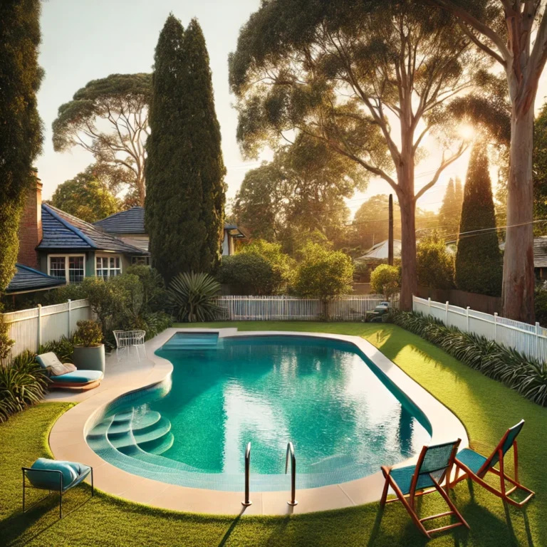 Sparkling swimming pool surrounded by green grass and lounge chairs.