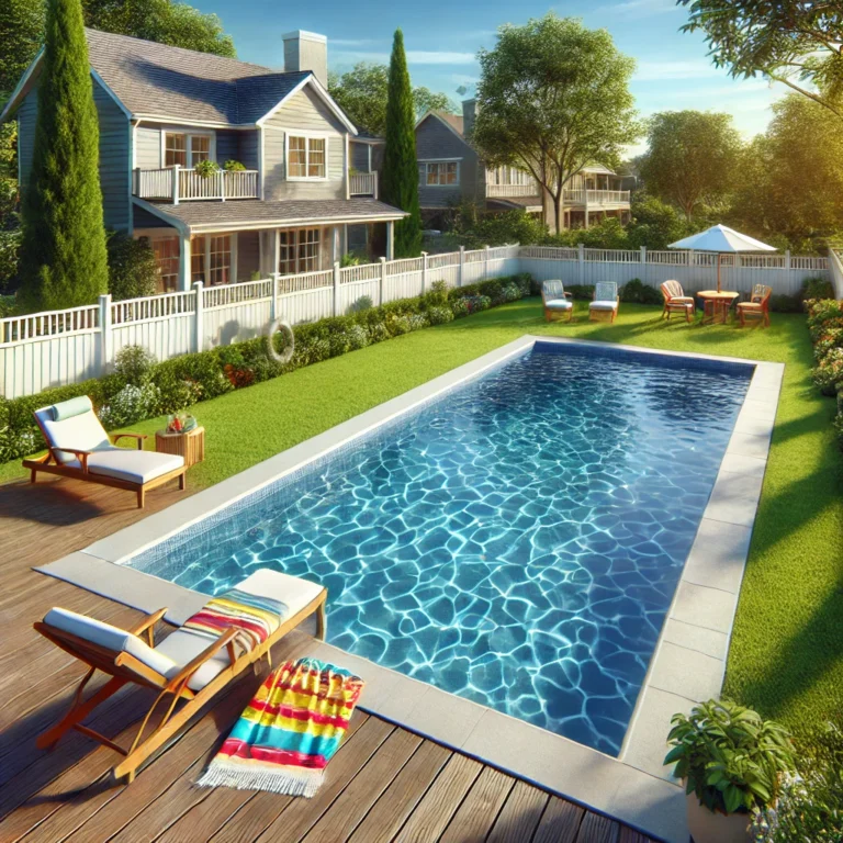 Clear blue swimming pool in suburban backyard with lawn chairs.