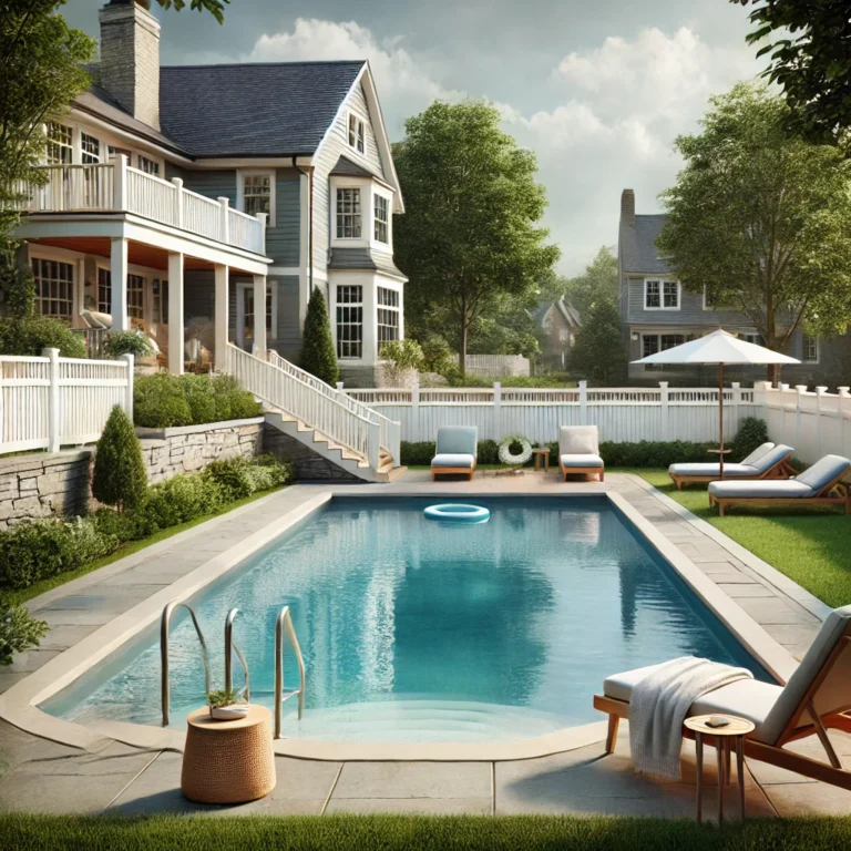 Empty suburban backyard pool with lounge chairs and green lawn.