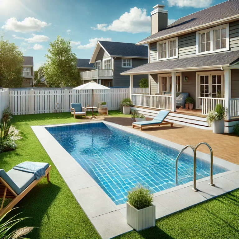 Suburban backyard with pool, lounge chairs, and sunny skies.