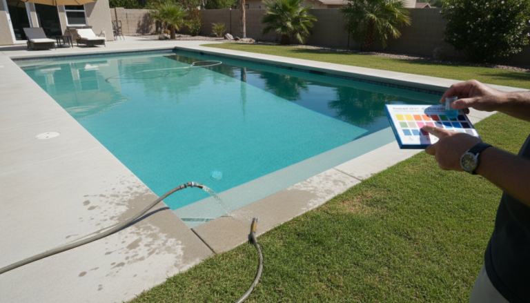 Pool owner checking cyanuric acid test results beside a 20000 gallon backyard pool losing water from partial draining