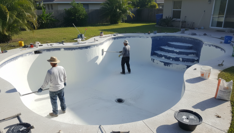 Replastering a 15000 gallon in ground pool with workers applying fresh white plaster near a fiberglass step insert